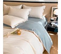 Mesnt Housses de Couettes 200x230cm, Coton Texture à Rayures Bicolores Double Face Housse de Couette, Drap et 48x74cm taie d'oreiller, Crème + Bleu Ardoise, Style 1, (230x250cm)