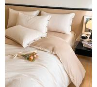 Mesnt Parure de Lit Adulte 3 Pièces, Coton Texture à Rayures Bicolores Double Face Housse de Couette, Drap et 48x74cm taie d'oreiller, Crème + Brun Clair, Style 3, (1.2m-150x200cm, 180x230cm)