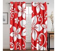 Mesnt Rideau Occultant 2 Pièces, Fleurs Blanches et Fond Rouge Rideaux Thermique Isolant Anti Froid et Chaleur Opaque Chambre Maison Salo, Rouge Blanc, 214x214cm