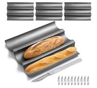 Mestive Lot de 3 plaques à baguettes pour 3 baguettes en acier au carbone : plaque de cuisson anti-adhésive avec coupe-pain, plaque à baguette 3 compartiments en acier au carbone pour four (38 x 23 cm