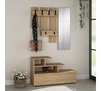 Meuble d'entrée effet bois avec porte manteau rangement et miroir MESTY