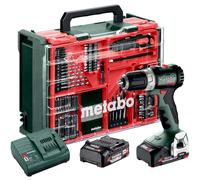 METABO BS 18 L BL Set Perceuse/visseuse Atelier mobile + 2 batteries Li-Ion 18V/2.0 Ah avec chargeur SC 30 + 74 articles
