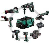 Metabo Coffret Combo sans fil pour l'artisanat du bâtiment 6.1 SB 18 LTX Impuls + KH 18 LTX 24 + W 18 L 9-125 Quick + ASE 18 LTX + SSW 18 LTX 300 BL + ULA 14.4-18 LED ; sacoche à outils