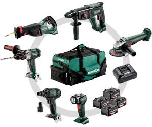 Metabo Coffret Combo sans fil pour l'artisanat du bâtiment 6.1 SB 18 LTX Impuls + KH 18 LTX 24 + W 18 L 9-125 Quick + ASE 18 LTX + SSW 18 LTX 300 BL + ULA 14.4-18 LED ; sacoche à outils