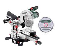 metabo KGS 254 M, Scie à Onglets Radiale 1800W, Système P t 2 Lames | Coupe 305x92mm, lame 254mm, structure alu 16.3 kg, rallonges de table, pince de serrage et sac collecteur, 48 dents