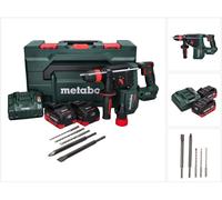 Metabo KH 18 LTX BL 28 Q : perceuse-visseuse à percussion sans fil 18 V, 3 J, SDS plus, moteur Brushless, incluant : 2 batteries 5,5 Ah, un chargeur, un coffret de 5 mèches et burins, et une boîte de 