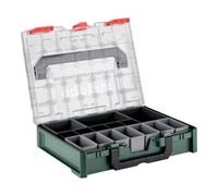 Organiseur Metabo metaBOX 100 S avec 15 bacs de rangement et un couvercle transparent