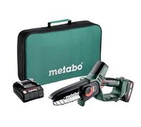 metabo MS 18 LTX 15, Scie à Arbustes sans Fil, Taille-Haie 18V, 15 cm | Mini tronçonneuse portative pour bois, vitesse 5 m/s, avec batterie 2 Ah, chargeur SC 30 et sac de transport robuste