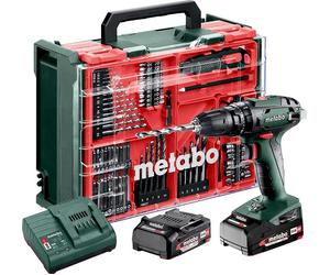 Metabo Perceuse à percussion Sb 18 Set Mobile Workshop + 2 batteries Li-Ion 18V/2,0 Ah avec chargeur Sc 30 + 74 composants
