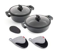 Metaltex XPERT Lot de 2 casseroles en aluminium moulé sous pression Hauteur 24 cm et casserole basse 28 cm Avec gants et éponge en silicone