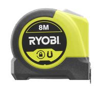 Ryobi RHMT8 - Mètre Ruban Magnétique 8 m - Verrouillage automatique, portée autoportante 2 m, crochet magnétique quadruple riveté, revêtement caoutchouc - Usage pro & bricolage