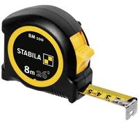 STABILA Mètre ruban BM 100, 8 m (26'), échelle en cm/pouces, boîtier en ABS incassable, crochet initial mobile, clip ceinture, précision MID