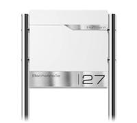 Metzler Boîte aux Lettres sur Pied Blanche RAL 9016 avec Compartiment journaux - Plaque Nominative INOX gravée - Design élégant, étanche et Robuste pour l’extérieur | Siebert