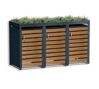 Metzler Box à poubelles 3x240L Anthracite & Aspect Bois avec Toit végétal & Bande de visibilité, Habillage pour 3 bacs avec Couvercle Automatique, Acier poudré Inoxydable, verrouillable