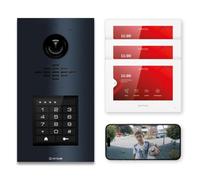 Metzler Interphone vidéo avec caméra, 2 fils, kit 3 appartements, VDM10 | Anthracite RAL 7016, platine tactile, 3 moniteurs 7 pouces, raccordement pour gâche électrique, badge RFID et code