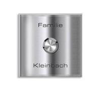 Metzler Sonnette sans fil en saillie, gravure, portée 300 m, inox brossé | porte d'entrée, portillon, plaque V2A 100 x 100 x 11 mm, IP67, émetteur radio, pile CR2032 incluse, récepteur non inclus