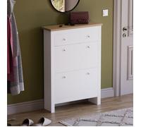 Meuble à chaussures Arlington 2 portes 1 tiroir - Armoire de rangement pour chaussures, meuble de couloir, blanc et chêne