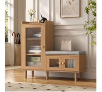 Meuble à chaussures avec banc, armoire d’entrée en bois naturel, coussin et portes vitrées, rangement pour couloir