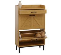 Meuble à chaussures basculant HWC-P45, étagère à chaussures, armoire à chaussures, 2 compartiments basculants, tiroir de rangement MDF 95x60x24cm aspect bambou Marron