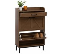Meuble à chaussures basculant HWC-P45, étagère à chaussures, armoire à chaussures, 2 compartiments basculants, tiroir de rangement MDF 95x60x24cm marron