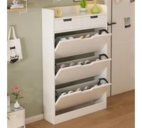 Meuble à Chaussures Blanc Rangement Chaussure 3 Abattants Armoire de Rangement Bois Massif Armoire à Chaussures Étroite Étagères Réglables Tiroir Double Porte Chaussures Couloir Entrée A,50*17*121CM