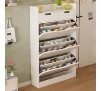Meuble à Chaussures Blanc Rangement Chaussure 3 Abattants Armoire de Rangement Bois Massif Armoire à Chaussures Étroite Étagères Réglables Tiroir Double Porte Chaussures Couloir Entrée A,50*24*121CM