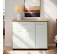 Meuble à chaussures CAMILLE, commode meuble de rangement avec 1 tiroir et 3 portes, en mélaminé décor chêne sonoma et blanc mat