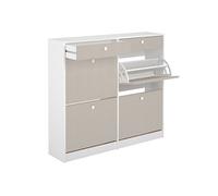Meuble à chaussures, commode à chaussures avec 2 tiroirs et 4 abattants coloris Chêne Albar/ blanc - Hauteur 104,3 x Longueur 116 x profondeur 27 cm