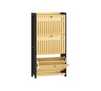 HomCom Meuble à chaussures étroit 18 paires – 3 tiroirs, portes bambou, 60x24x118 cm Noir/Bois