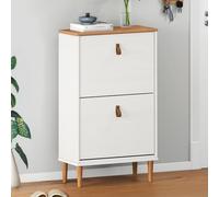 Meuble à chaussures entrée Mikka 2 abattants en bois massif coloris blanc et chêne pour jusqu'à 10 paires 59 x 96 x 25 cm idéal pour le couloir rangement peu encombrant étagère poignées en cuir