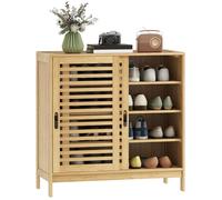 HOMCOM Meuble à Chaussures en Bambou 16 Paires, Armoire à Chaussures 4 Niveaux avec 2 Portes coulissantes à Lattes, étagères réglables, Style Nordique, pour Couloir, entrée, 80x35x80cm, Bois Naturel