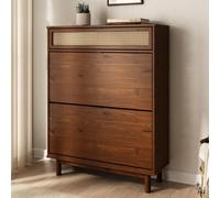 Meuble à Chaussures JONTE, en Bois Massif - Coloris Châtaignier | 88 x 113 x 30 cm, 2 Abattants, 1 Tiroir, Pour 16 à 20 Paires, Façade en Rotin, Rangement à Chaussures Haut Design pour Entrée