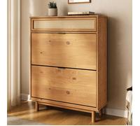 IDIMEX Meuble à Chaussures Jonte, en Bois Massif Coloris Chêne, 2 Abattants, 1 Tiroir, pour 16 à 20 Paires, Façade en Rotin, Rangement à Chaussures Haut Design pour Entrée