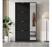 Meuble à Chaussures - L80xH147xP24 cm - 4 Portes Abattantes & Miroir avec Étagères Ajustables - Design Moderne - Noir