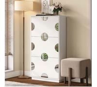 Meuble à chaussures - LINHOO - 63 x 24 x 120 cm - MDF blanc - 3 abattants, miroir rond, rangement compact