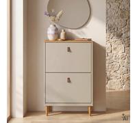 Meuble à chaussures MIKKA 2 abattants Bois massif - Blanc Cachemire/Chêne | 59 × 96 × 25 cm (L × H × P), jusqu'à 10 paires de chaussures, Pin massif, style vintage, entrée, poignées en cuir