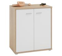 Meuble à chaussures OLYMPE, commode meuble de rangement avec 2 portes, en mélaminé décor chêne sonoma et blanc mat