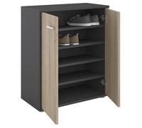 Meuble à chaussures OLYMPE, commode meuble de rangement avec 2 portes, en mélaminé gris mat et décor chêne sonoma