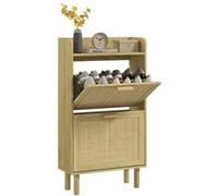 Meuble à chaussures style bohème chic - 2 portes abattantes, étagère - cannage rotin aspect bois clair Beige G