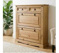 Meuble à chaussures TEQUILA style mexicain armoire 2 abattants et 2 tiroirs rangement 16 paires, pin massif finition teintée/cirée