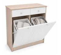 Meuble à Linge 45L, Armoire à Linge 2 Compartiments en Bois avec Paniers Amovibles