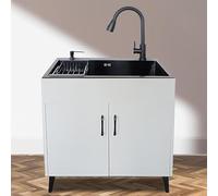 Meuble à linge commercial avec évier en acier inoxydable et robinet extractible, polyvalent pour intérieur/extérieur, design autonome durable pour un nettoyage efficace