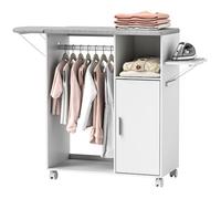 HOMCOM Meuble à repasser sur roulettes, table à repasser pliante, placard à porte, étagère réglable, barre de suspension, compartiment ouvert et support latéral, 127 x 42,5 x 99 cm, blanc