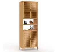 IDMarket - Meuble Armoire Colonne Salle de Bain Bambou BEA 4 Portes et 2 niches