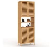 IDMarket - Meuble Armoire Colonne Salle de Bain Bambou BEA 4 Portes et 2 niches