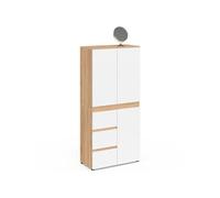 Meuble armoire colonne salle de bain TOMI 3 portes 3 tiroirs - Panneau de particules MDF - Blanc et bois - L60xP30xH130 cm
