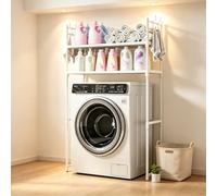 Meuble au-dessus Lave-Linge avec Crochets, Étagère Buanderie 2 Niveaux | Rangement robuste 2 niveaux pour lave-linge avec crochets et 89cm de dégagement inférieur.(White)