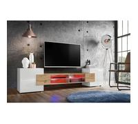 Meuble Banc TV Merano Komodee - LED RGB - Blanc & Wotan - Version 1 - L230cm x H53cm x P35cm