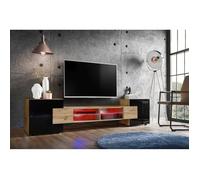 Meuble Banc TV Merano Version 2 Komodee - avec eclairage LED RGB - Bois Naturel et Noir - 230 x 53 x 35 cm