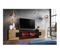 Meuble Banc TV Merano Version 2 Komodee - avec eclairage LED RGB - Noir et Bois Naturel - 230 x 53 x 35 cm